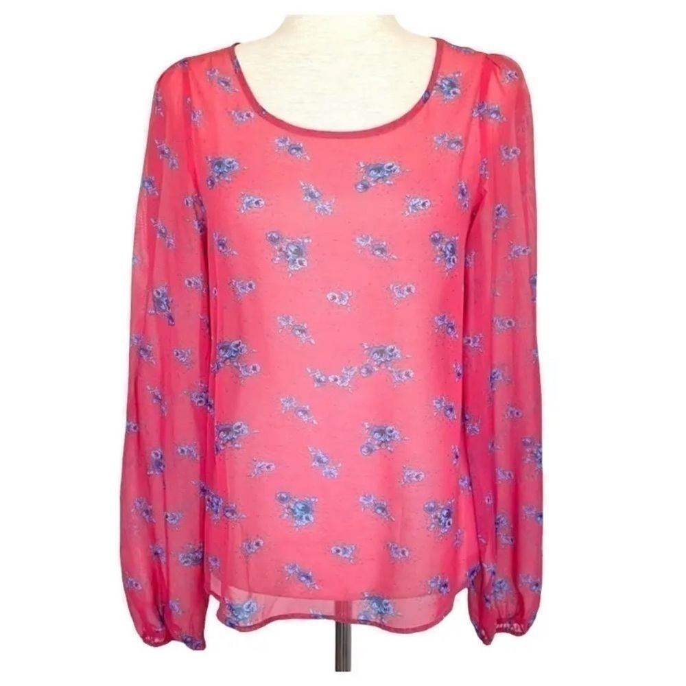 Daytrip Floral Sheer Mesh Nude Long Sleeve Blouse Size Medium Pink Blue #100